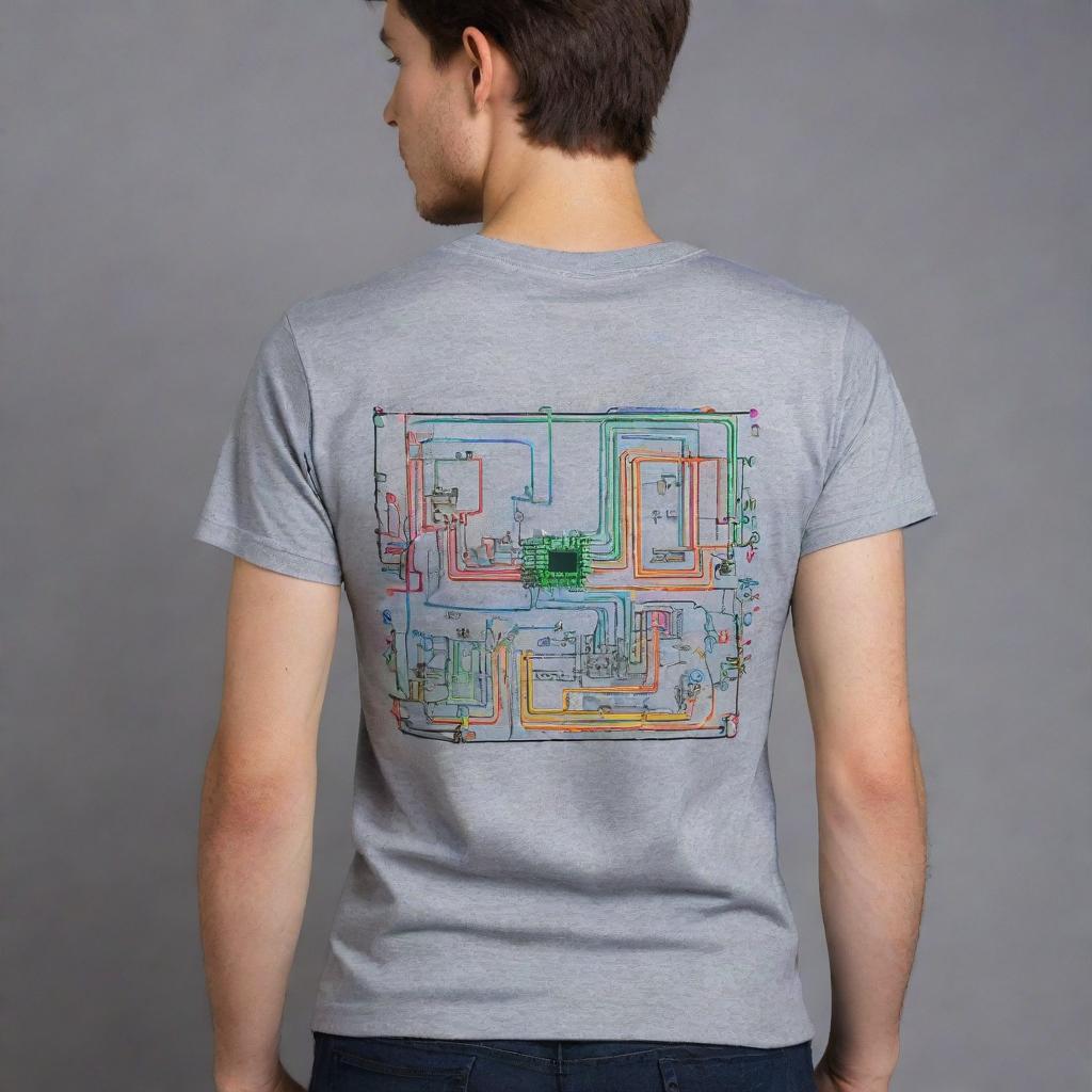 Generate a neon, artsy back design on a gray t-shirt for electronics engineering. The design should incorporate cute stickers of electronic components such as capacitors, resistors, transistors, and integrated circuits, all glowing in vibrant neon colors.