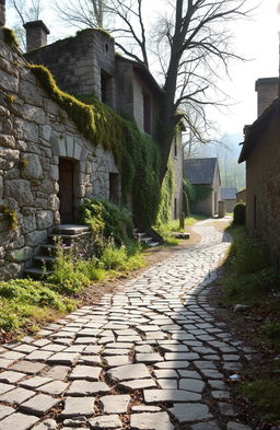 An abandoned village named Ainielle, reflecting solitude and peace, with crumbling stone buildings overgrown with wildflowers and moss, a cracked cobblestone path leading through the village, soft sunlight filtering through the trees, and a serene atmosphere, evoking a sense of tranquility and nostalgia