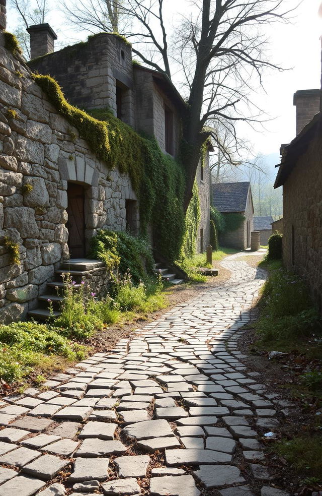 An abandoned village named Ainielle, reflecting solitude and peace, with crumbling stone buildings overgrown with wildflowers and moss, a cracked cobblestone path leading through the village, soft sunlight filtering through the trees, and a serene atmosphere, evoking a sense of tranquility and nostalgia