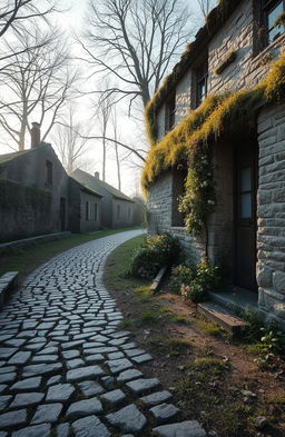 An abandoned village named Ainielle, reflecting solitude and peace, with crumbling stone buildings overgrown with wildflowers and moss, a cracked cobblestone path leading through the village, soft sunlight filtering through the trees, and a serene atmosphere, evoking a sense of tranquility and nostalgia