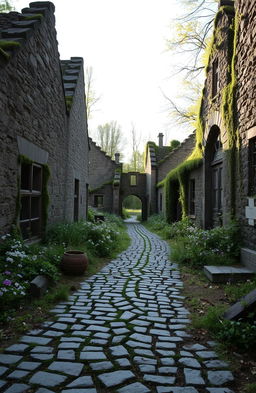 An abandoned village named Ainielle, reflecting solitude and peace, with crumbling stone buildings overgrown with wildflowers and moss, a cracked cobblestone path leading through the village, soft sunlight filtering through the trees, and a serene atmosphere, evoking a sense of tranquility and nostalgia