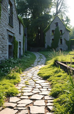 An abandoned village named Ainielle, reflecting solitude and peace, with crumbling stone buildings overgrown with wildflowers and moss, a cracked cobblestone path leading through the village, soft sunlight filtering through the trees, and a serene atmosphere, evoking a sense of tranquility and nostalgia