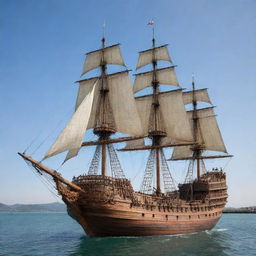 A giant, intricately detailed wooden ship without sails, majestically standing in a vast gleaming body of water