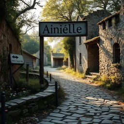 An abandoned village named Ainielle, reflecting solitude and peace, featuring a weathered sign with the village's name, surrounded by crumbling stone buildings overgrown with wildflowers and moss