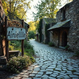 An abandoned village named Ainielle, reflecting solitude and peace, featuring a weathered sign with the village's name, surrounded by crumbling stone buildings overgrown with wildflowers and moss