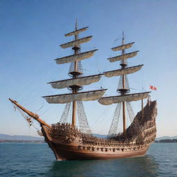 A giant, intricately detailed wooden ship without sails, majestically standing in a vast gleaming body of water