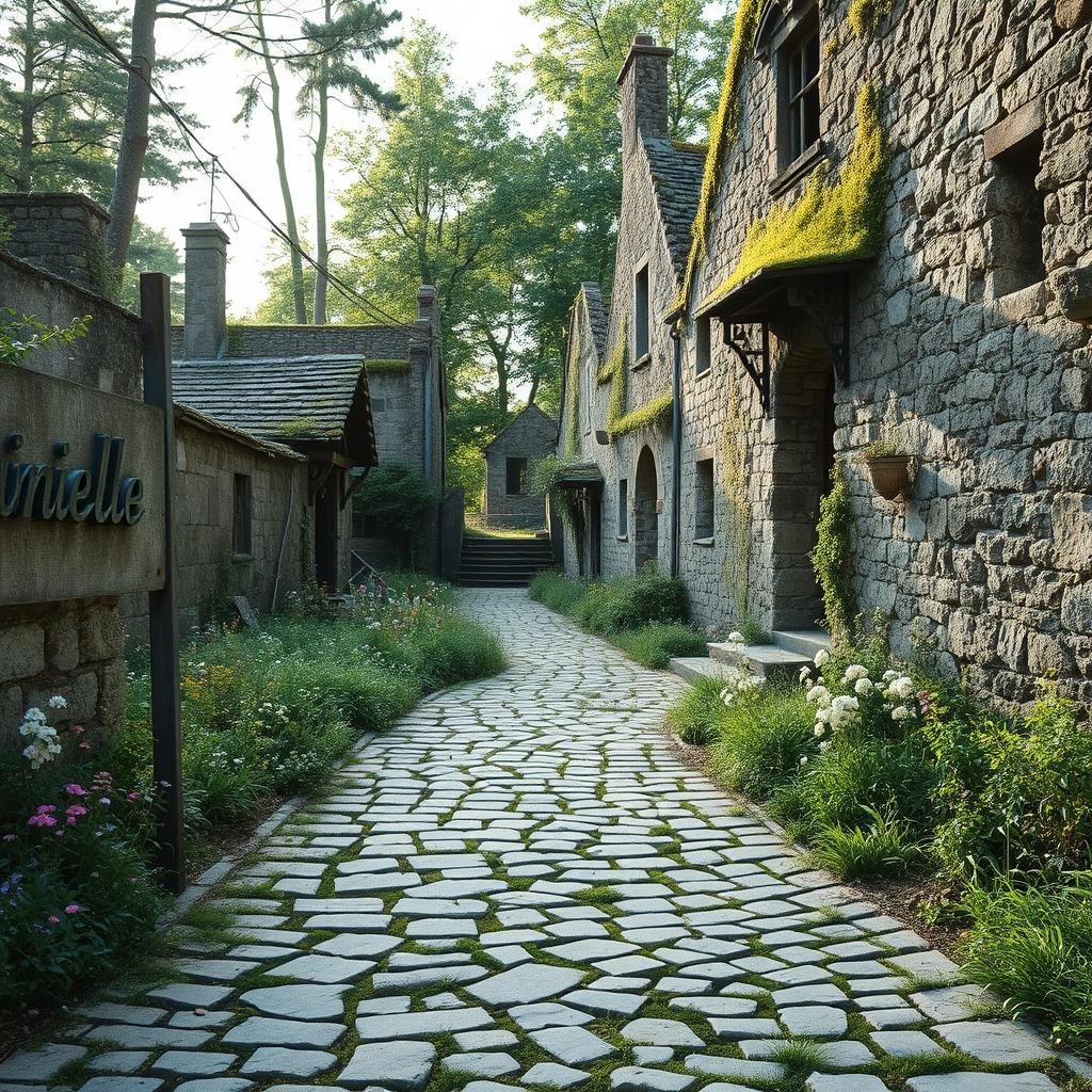 An abandoned village named Ainielle, reflecting solitude and peace, featuring a weathered sign with the village's name, surrounded by crumbling stone buildings overgrown with wildflowers and moss