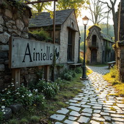 An abandoned village named Ainielle, reflecting solitude and peace, featuring a weathered sign with the village's name, surrounded by crumbling stone buildings overgrown with wildflowers and moss