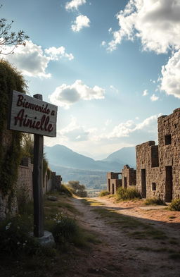 A serene and desolate abandoned village named Ainielle, showcasing crumbling stone buildings with overgrown vegetation, a sense of stillness and peace enveloping the scene