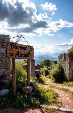 A serene and desolate abandoned village named Ainielle, showcasing crumbling stone buildings with overgrown vegetation, a sense of stillness and peace enveloping the scene