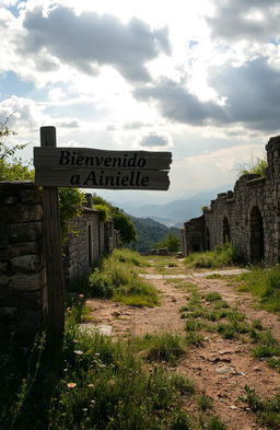 A serene and desolate abandoned village named Ainielle, showcasing crumbling stone buildings with overgrown vegetation, a sense of stillness and peace enveloping the scene