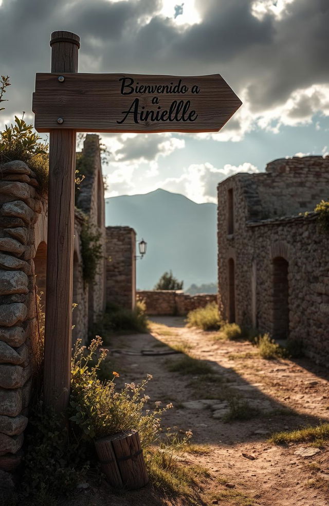 A serene and desolate abandoned village named Ainielle, showcasing crumbling stone buildings with overgrown vegetation, a sense of stillness and peace enveloping the scene