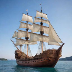 A giant, intricately detailed wooden ship without sails, majestically standing in a vast gleaming body of water