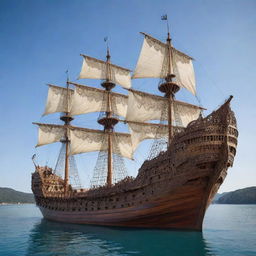 A giant, intricately detailed wooden ship without sails, majestically standing in a vast gleaming body of water