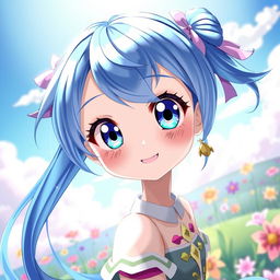 A vibrant digital artwork featuring a blue-haired anime girl, with long flowing hair that shimmers under bright light