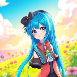 A vibrant digital artwork featuring a blue-haired anime girl, with long flowing hair that shimmers under bright light