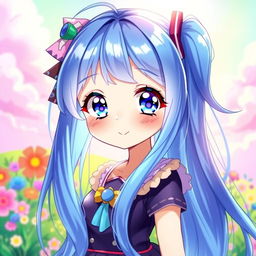 A vibrant digital artwork featuring a blue-haired anime girl, with long flowing hair that shimmers under bright light