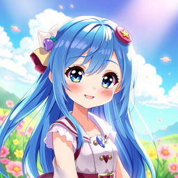 A vibrant digital artwork featuring a blue-haired anime girl, with long flowing hair that shimmers under bright light