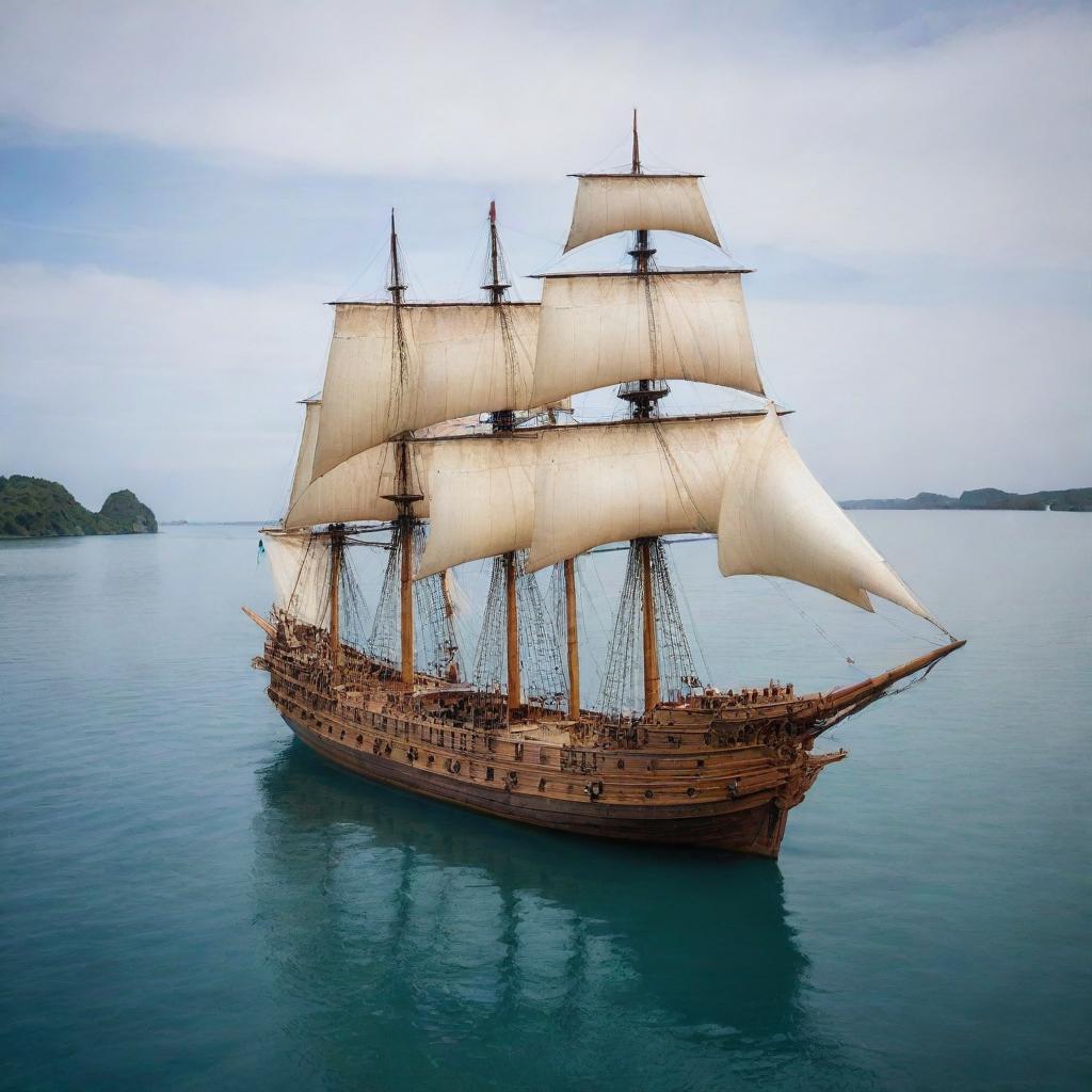 A magnificent, unsailed wooden ship of giant proportions afloat in an expansive body of shimmering water