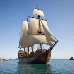 A magnificent, unsailed wooden ship of giant proportions afloat in an expansive body of shimmering water