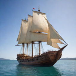 A magnificent, unsailed wooden ship of giant proportions afloat in an expansive body of shimmering water