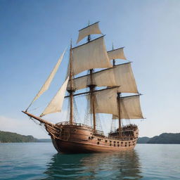 A magnificent, unsailed wooden ship of giant proportions afloat in an expansive body of shimmering water