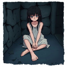 A sad girl sitting on the cold floor of a dark dungeon in a castle