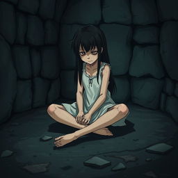 A sad girl sitting on the cold floor of a dark dungeon in a castle