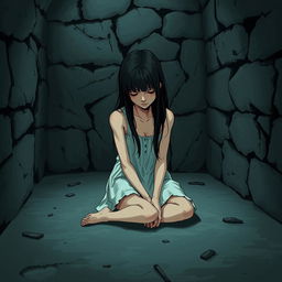 A sad girl sitting on the cold floor of a dark dungeon in a castle