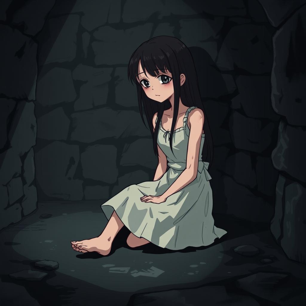 A sad girl sitting on the cold floor of a dark dungeon in a castle