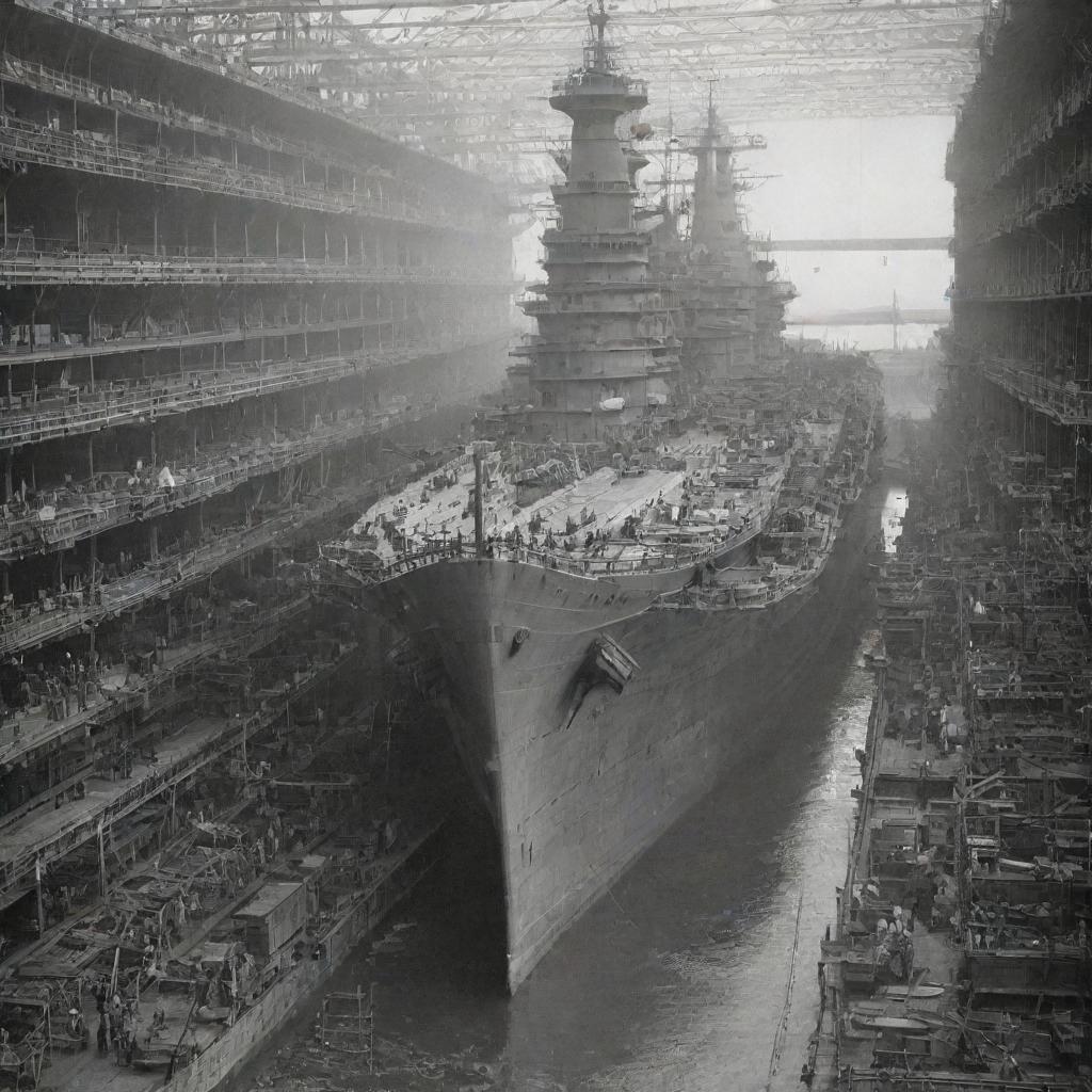 A majestic battleship under construction in a shipyard, with workers diligently piecing together its formidable structure in fine detail.