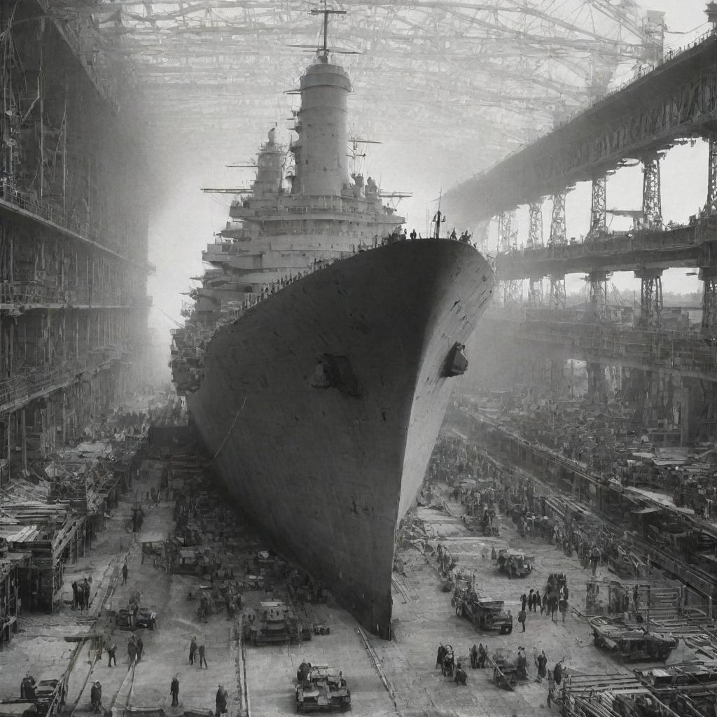 A majestic battleship under construction in a shipyard, with workers diligently piecing together its formidable structure in fine detail.