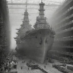 A majestic battleship under construction in a shipyard, with workers diligently piecing together its formidable structure in fine detail.