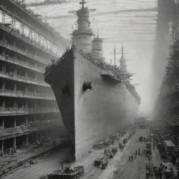 A majestic battleship under construction in a shipyard, with workers diligently piecing together its formidable structure in fine detail.