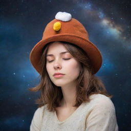 A peaceful girl with shoulder-length brown hair, dozing comfortably amidst the cosmic backdrop of space, sporting a whimsical chicken hat