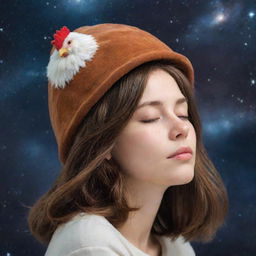 A peaceful girl with shoulder-length brown hair, dozing comfortably amidst the cosmic backdrop of space, sporting a whimsical chicken hat