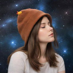 A peaceful girl with shoulder-length brown hair, dozing comfortably amidst the cosmic backdrop of space, sporting a whimsical chicken hat