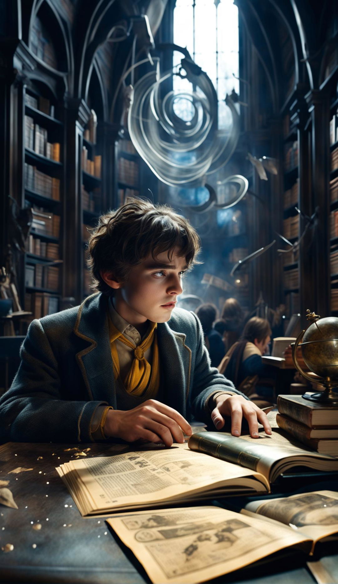 Ultra HD image of a 12-year-old brunette Hufflepuff boy in the Hogwarts castle library, looking down at his astrology homework in confusion, with invisible Wrackspurts flying around his head, captured in side profile, in the style of 'Fantastic Beasts and Where to Find Them'.