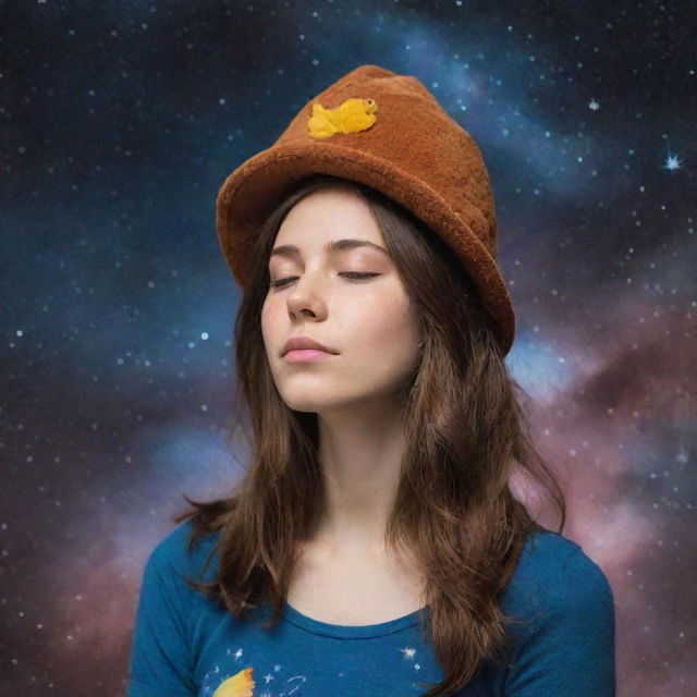 A peaceful girl with shoulder-length brown hair, dozing comfortably amidst the cosmic backdrop of space, sporting a whimsical chicken hat