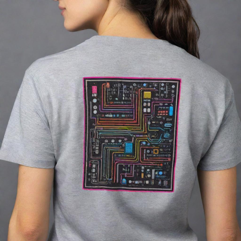 Generate an artsy neon back design on a grey shirt representing electronics engineering. Incorporate cute Y2k-inspired stickers, featuring elements like miniature circuits, chips, and resistors - all in vibrant neon colors lending a retro-futuristic vibe.