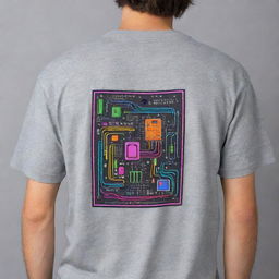 Generate an artsy neon back design on a grey shirt representing electronics engineering. Incorporate cute Y2k-inspired stickers, featuring elements like miniature circuits, chips, and resistors - all in vibrant neon colors lending a retro-futuristic vibe.