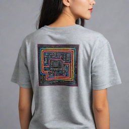 Generate an artsy neon back design on a grey shirt representing electronics engineering. Incorporate cute Y2k-inspired stickers, featuring elements like miniature circuits, chips, and resistors - all in vibrant neon colors lending a retro-futuristic vibe.