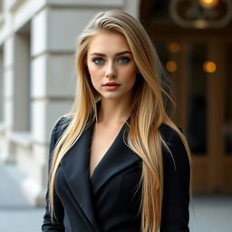 A beautiful 25-year-old Slavic woman with long blonde hair, dressed stylishly without revealing any erotic body parts