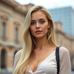 A beautiful 25-year-old Slavic woman with long blonde hair, dressed stylishly without revealing any erotic body parts