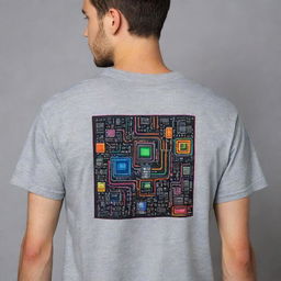 Generate an artsy neon back design on a grey shirt representing electronics engineering. Incorporate cute Y2k-inspired stickers, featuring elements like miniature circuits, chips, and resistors - all in vibrant neon colors lending a retro-futuristic vibe.