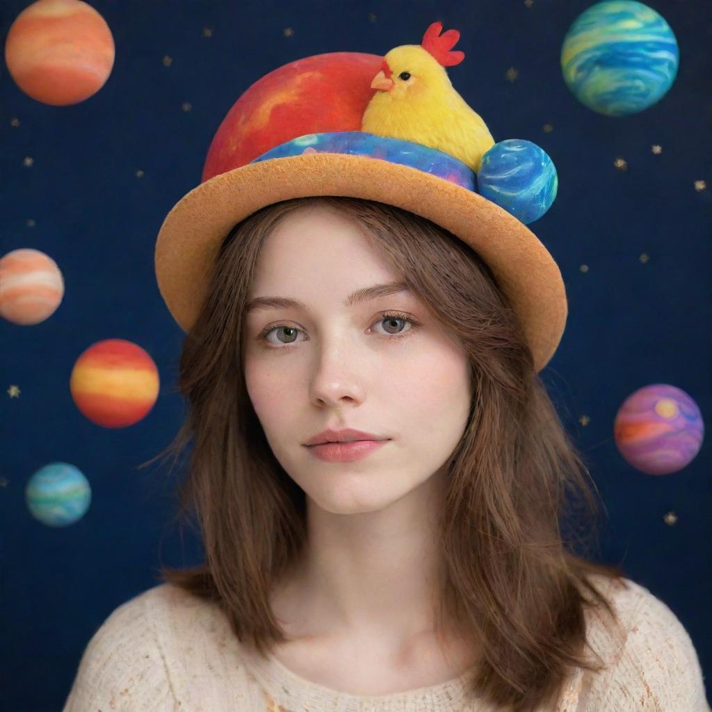 A tranquil girl with shoulder-length brown hair, gently slumbering amidst a presentation of colorful, rotating planets, whimsically adorned with a chicken hat