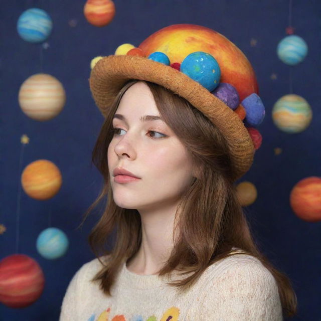 A tranquil girl with shoulder-length brown hair, gently slumbering amidst a presentation of colorful, rotating planets, whimsically adorned with a chicken hat