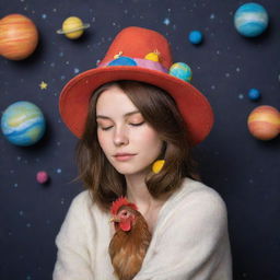 A tranquil girl with shoulder-length brown hair, gently slumbering amidst a presentation of colorful, rotating planets, whimsically adorned with a chicken hat