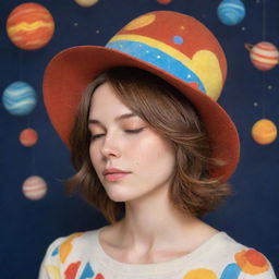 A tranquil girl with shoulder-length brown hair, gently slumbering amidst a presentation of colorful, rotating planets, whimsically adorned with a chicken hat