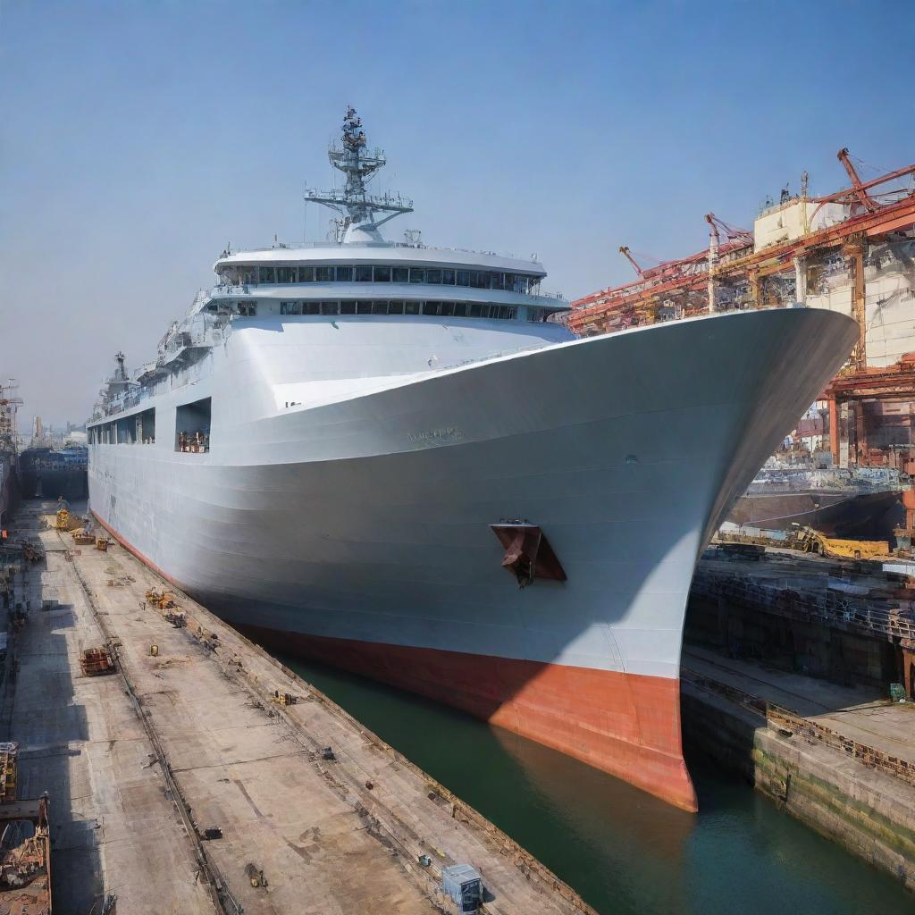 In a bustling shipyard, the creation of a modern steel ship takes place, incorporating sleek lines and advanced technology in perfect harmony.